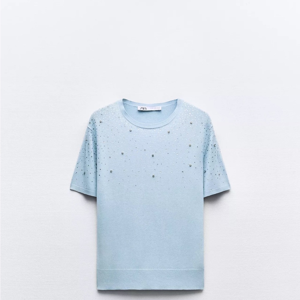 Zara Light Blue Short Sleeve Embellished Tee sequin